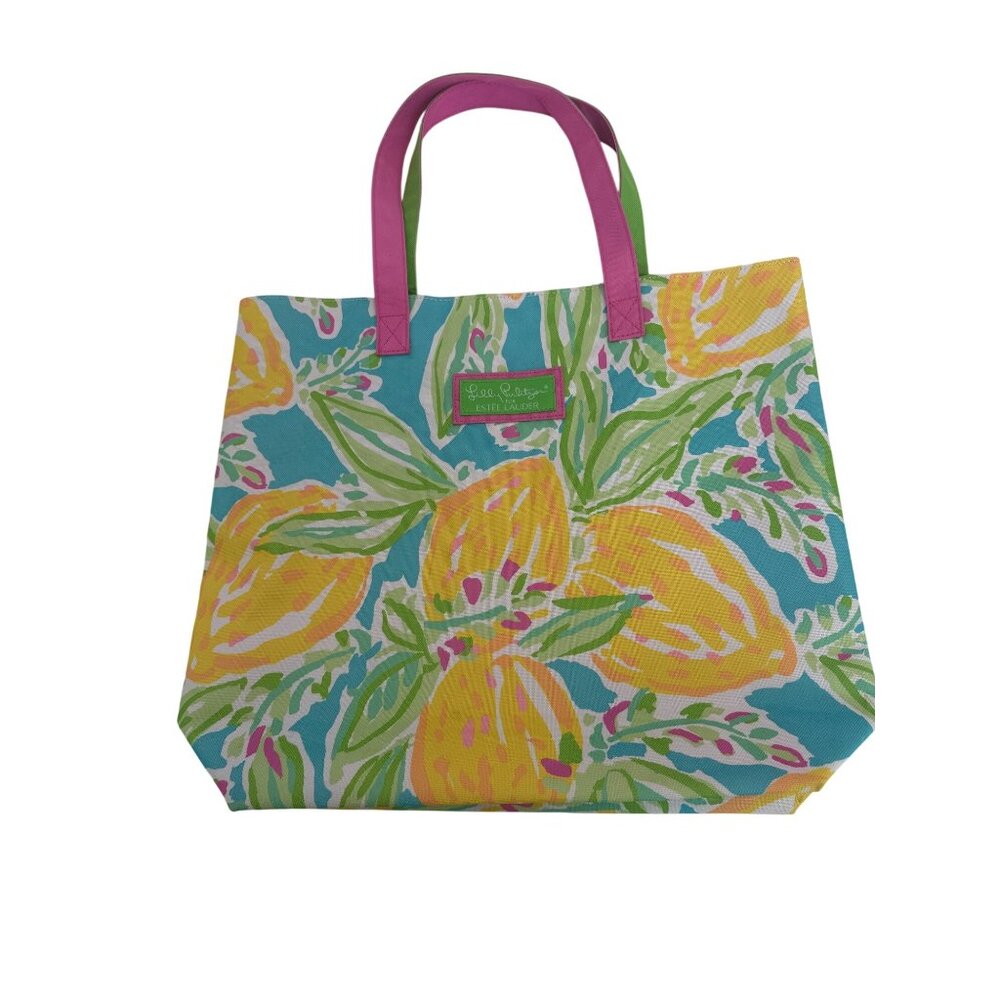Lilly Pulitzer Estee Lauder Lemon Print Canvas Tote Bag Pink & Green Handles 16"